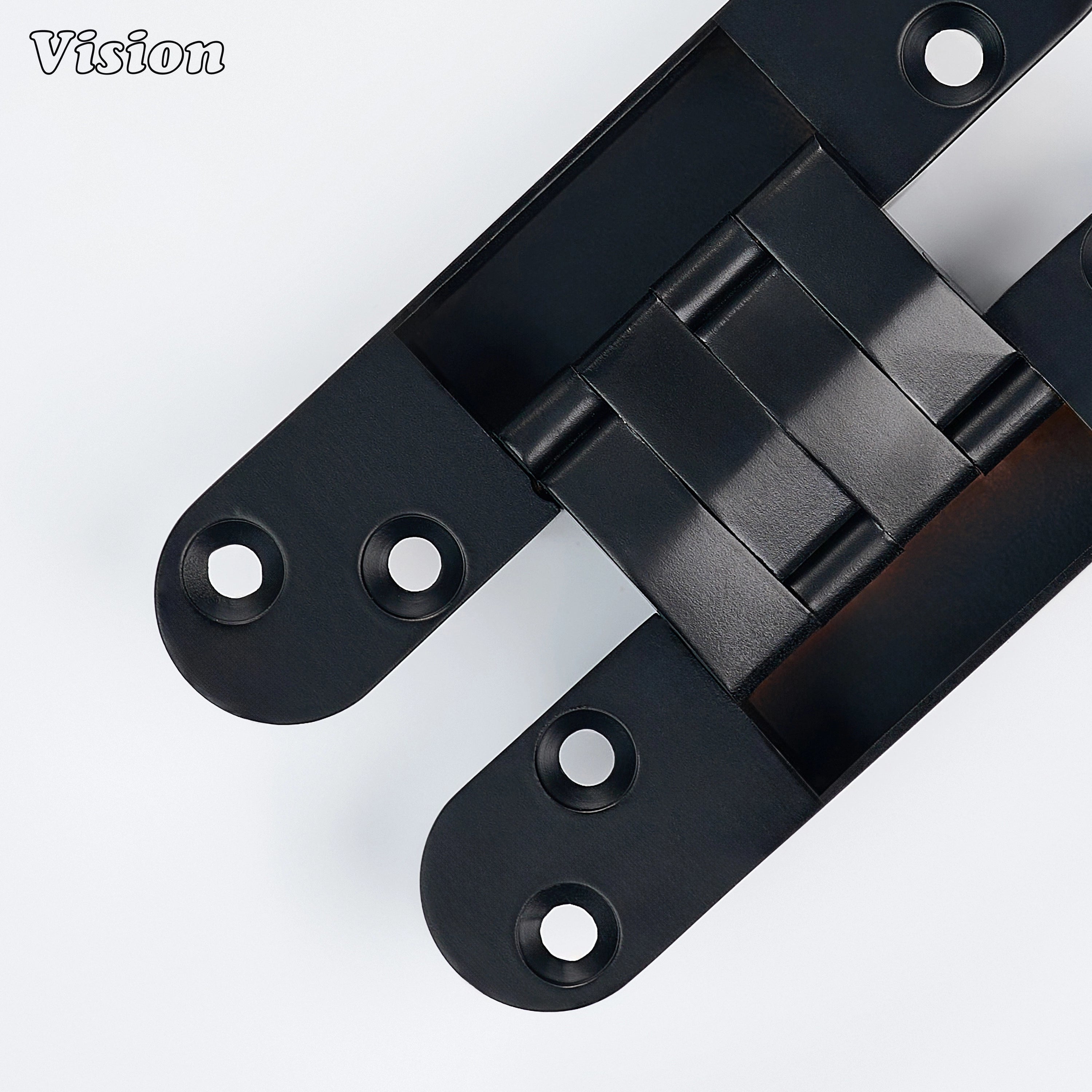 Black architectural invisible hinge designed for hidden doors, kitchen cabinetry and contemporary furniture pieces