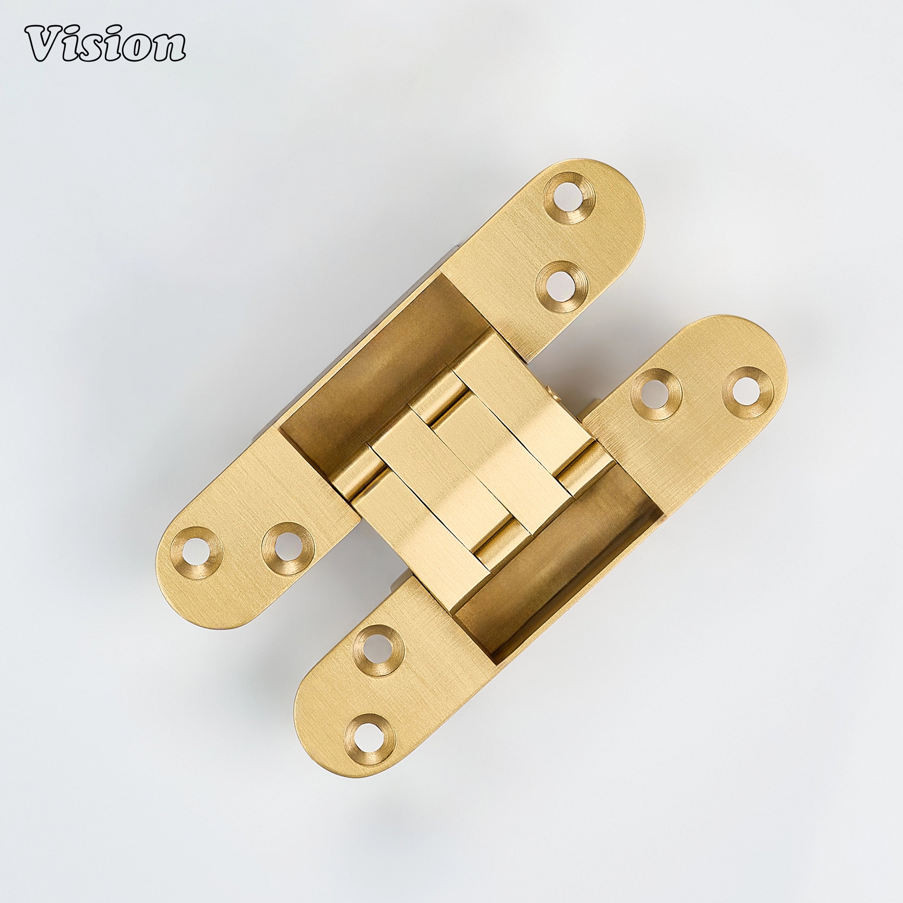 Gold concealed brass hinge featuring a smooth pivot mechanism for hidden pantry doors, drawers and cabinetry