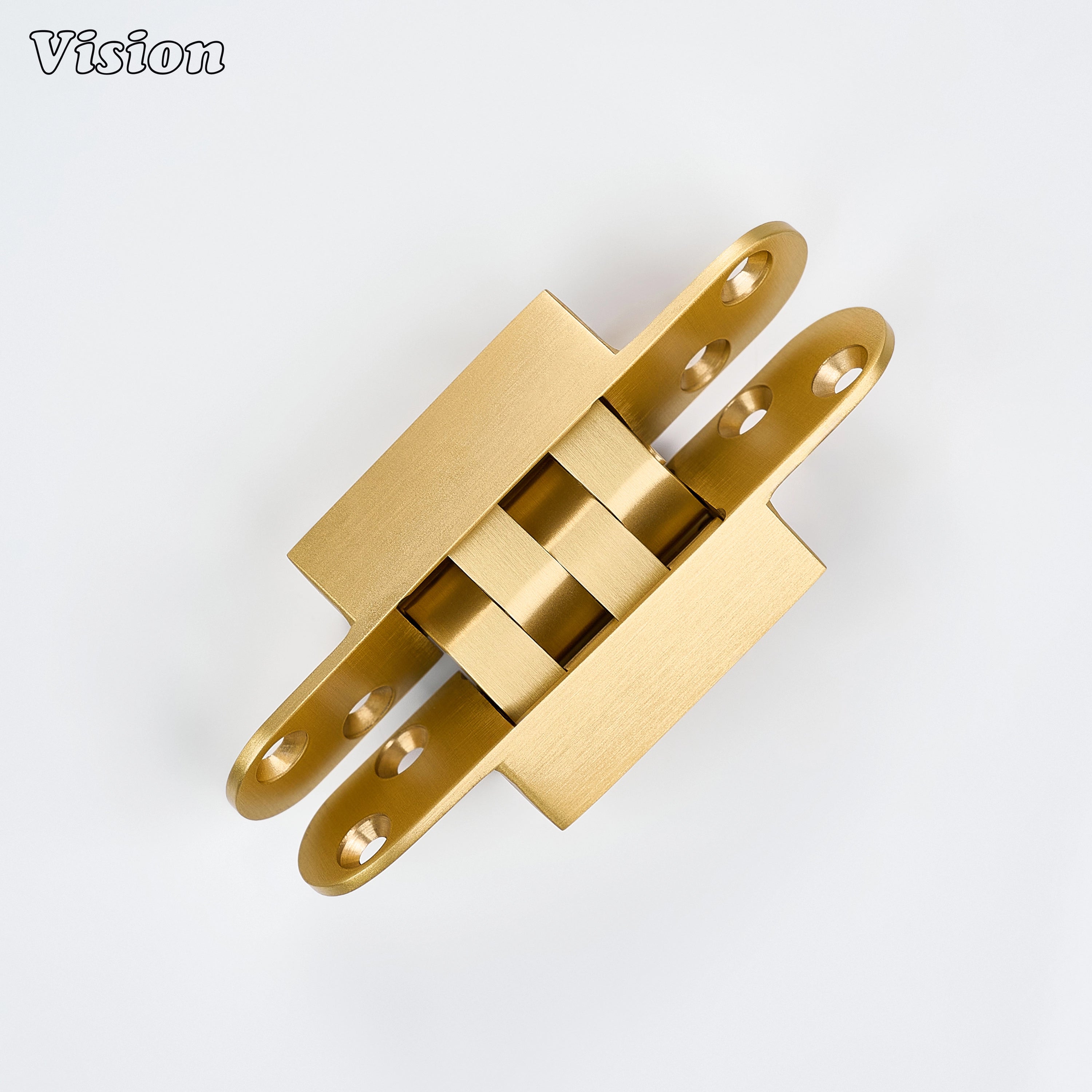 Gold premium invisible hinge with rounded mounting wings for modern wardrobes, cabinets and furniture installations