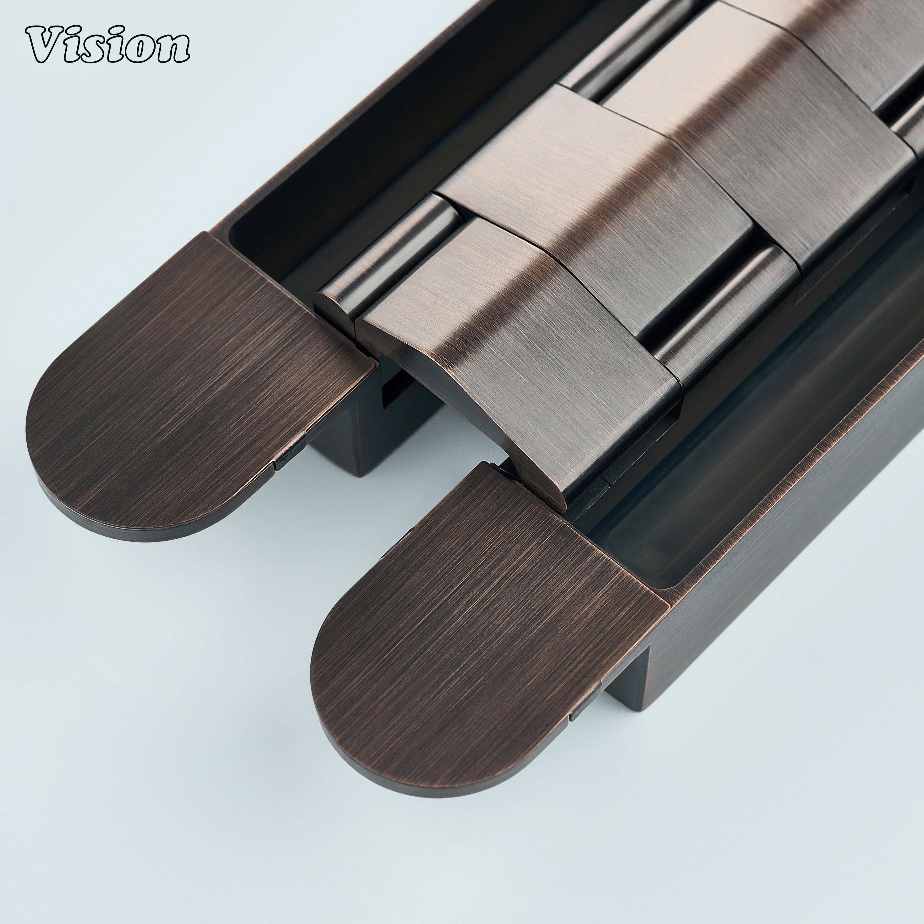 Smoke Bronze premium invisible hinge with rounded mounting wings for modern wardrobes, cabinets and furniture installations