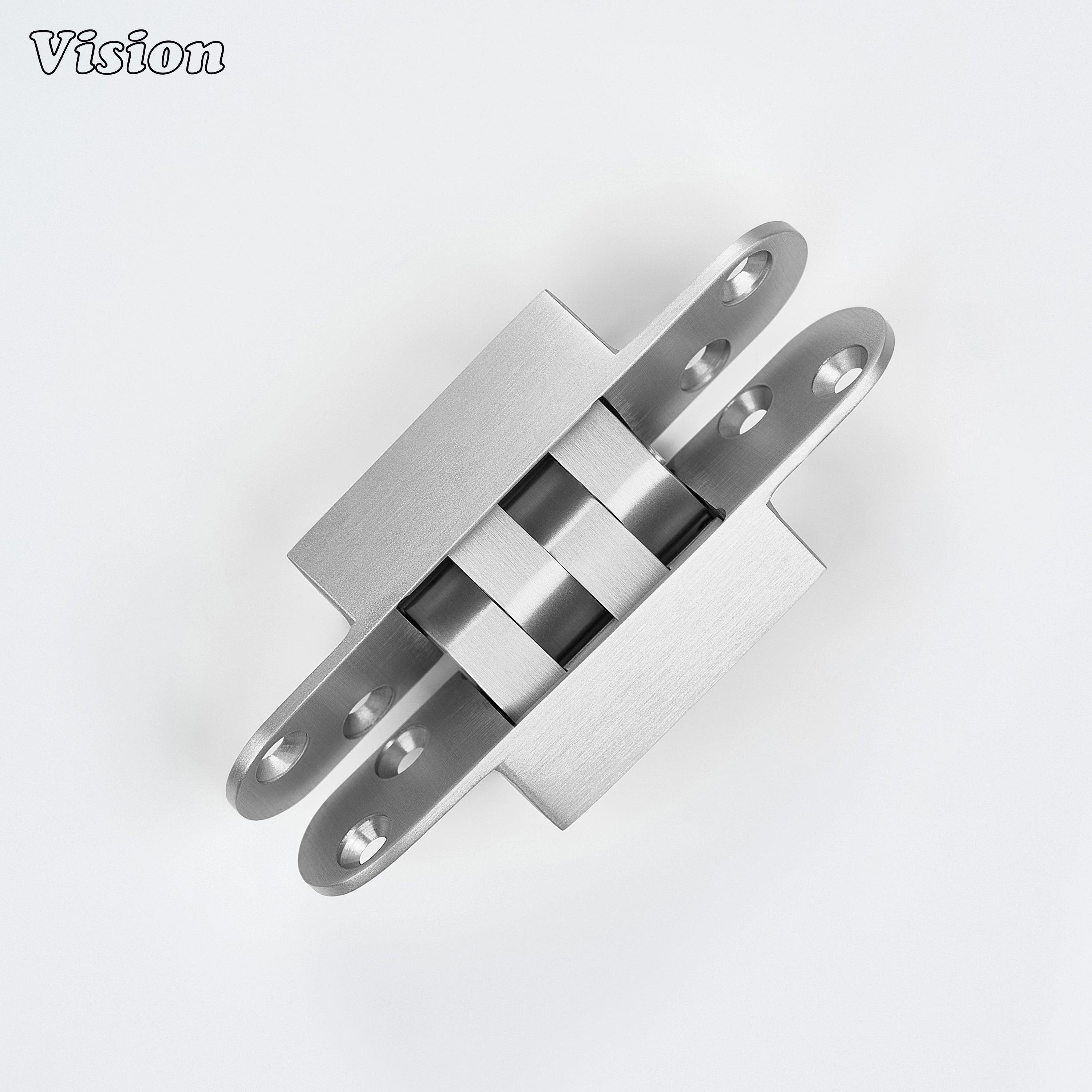 Silver premium invisible hinge with rounded mounting wings for modern wardrobes, cabinets and furniture installations