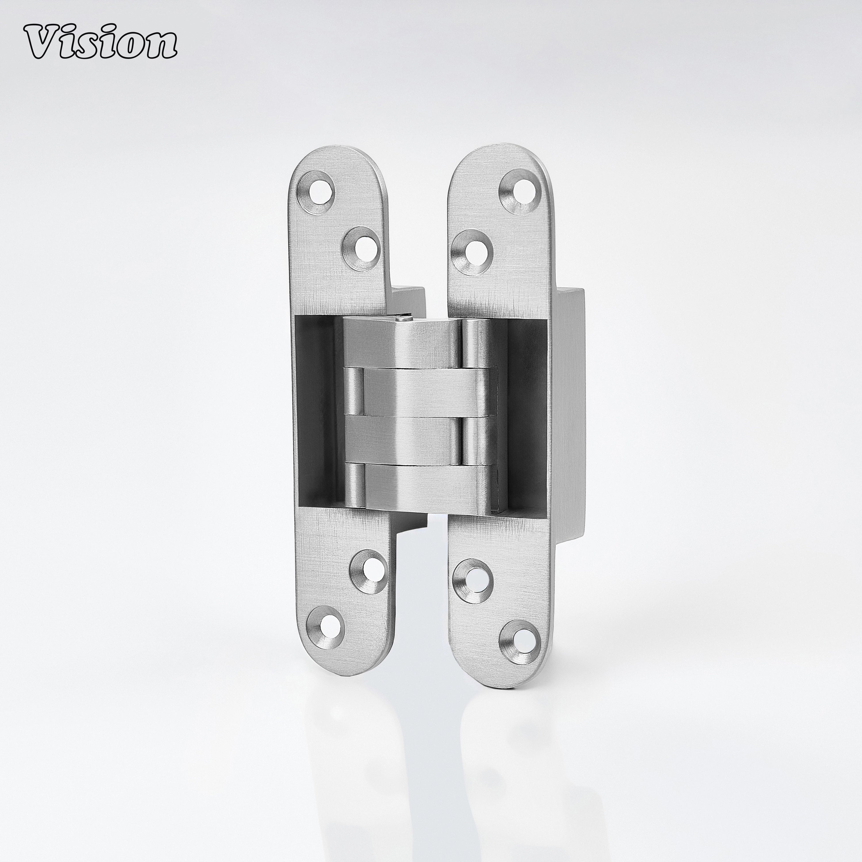 Silver architectural invisible hinge designed for hidden doors, kitchen cabinetry and contemporary furniture pieces